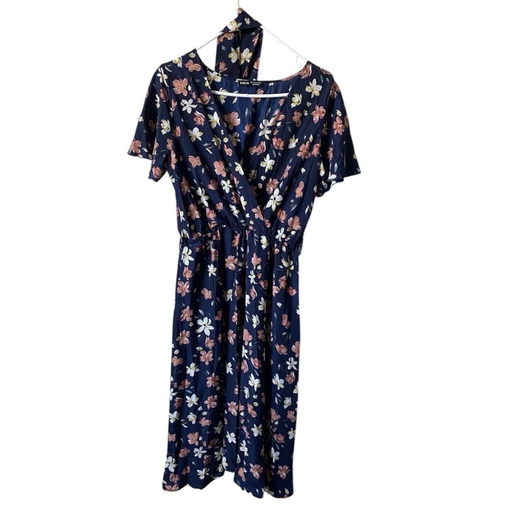 Navy Blue Floral Tie Waist V Neck Nursing Friendly Midi Dress Sz L NIB Career